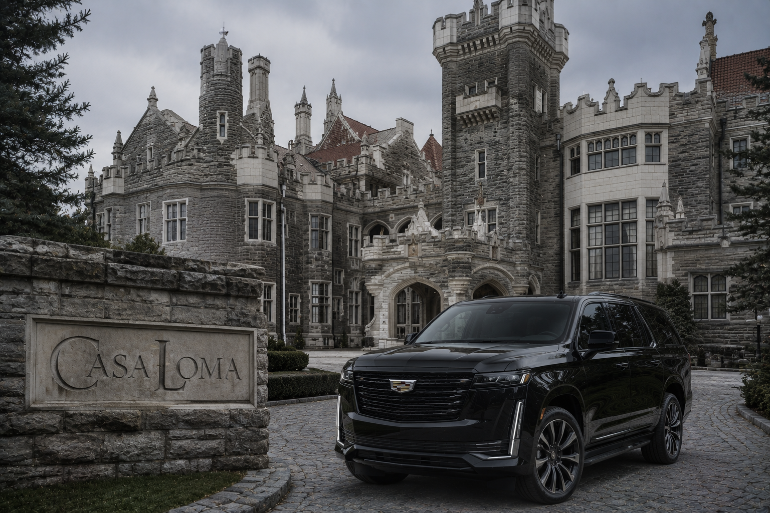 Casa Loma &middot; Cadillac Escalade on the circular driveway, white-ribbon wedding rig