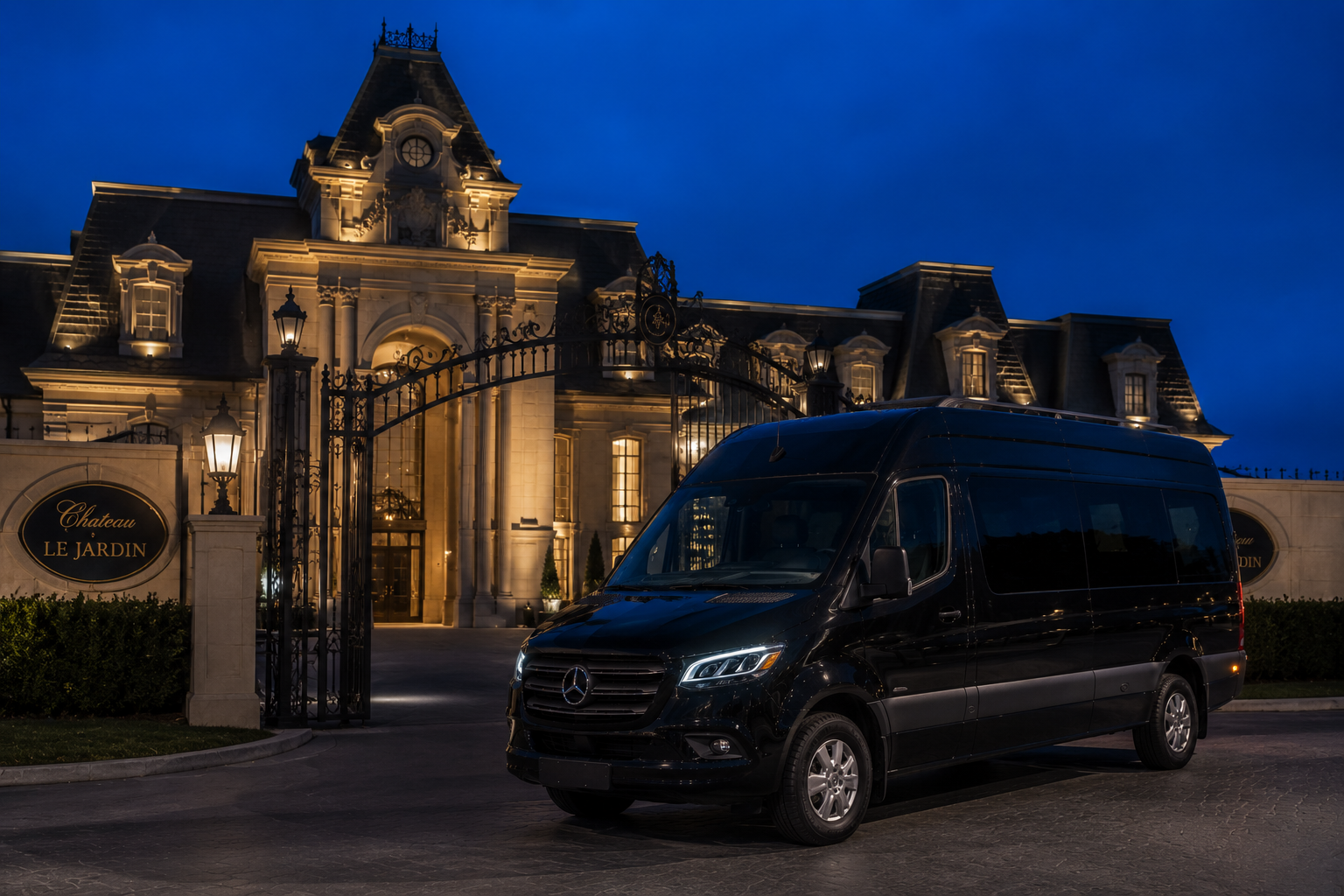 Ch&acirc;teau Le Jardin &middot; Sprinter at the wrought-iron gate