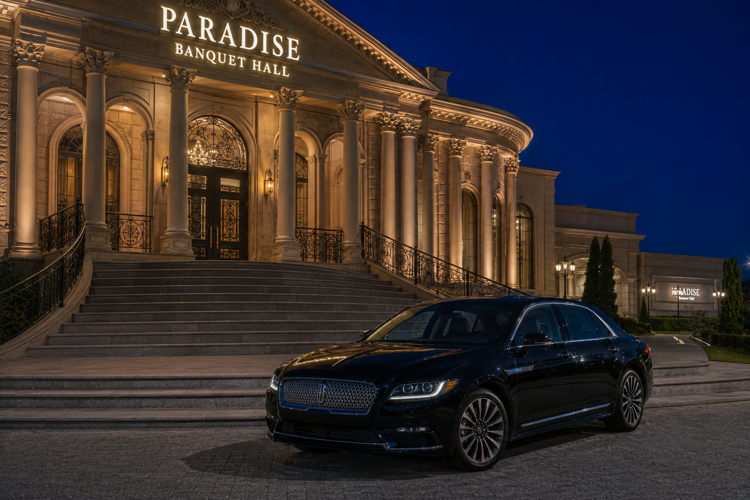 Paradise Banquet Hall &middot; Lincoln Continental at the columned entrance
