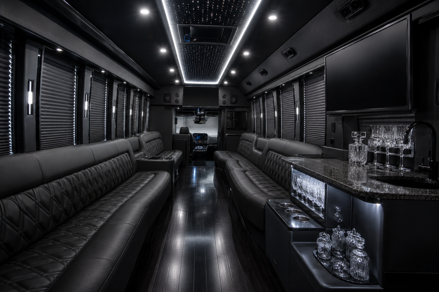 Party Bus lounge &middot; facing leather benches, granite bar, ceiling LED