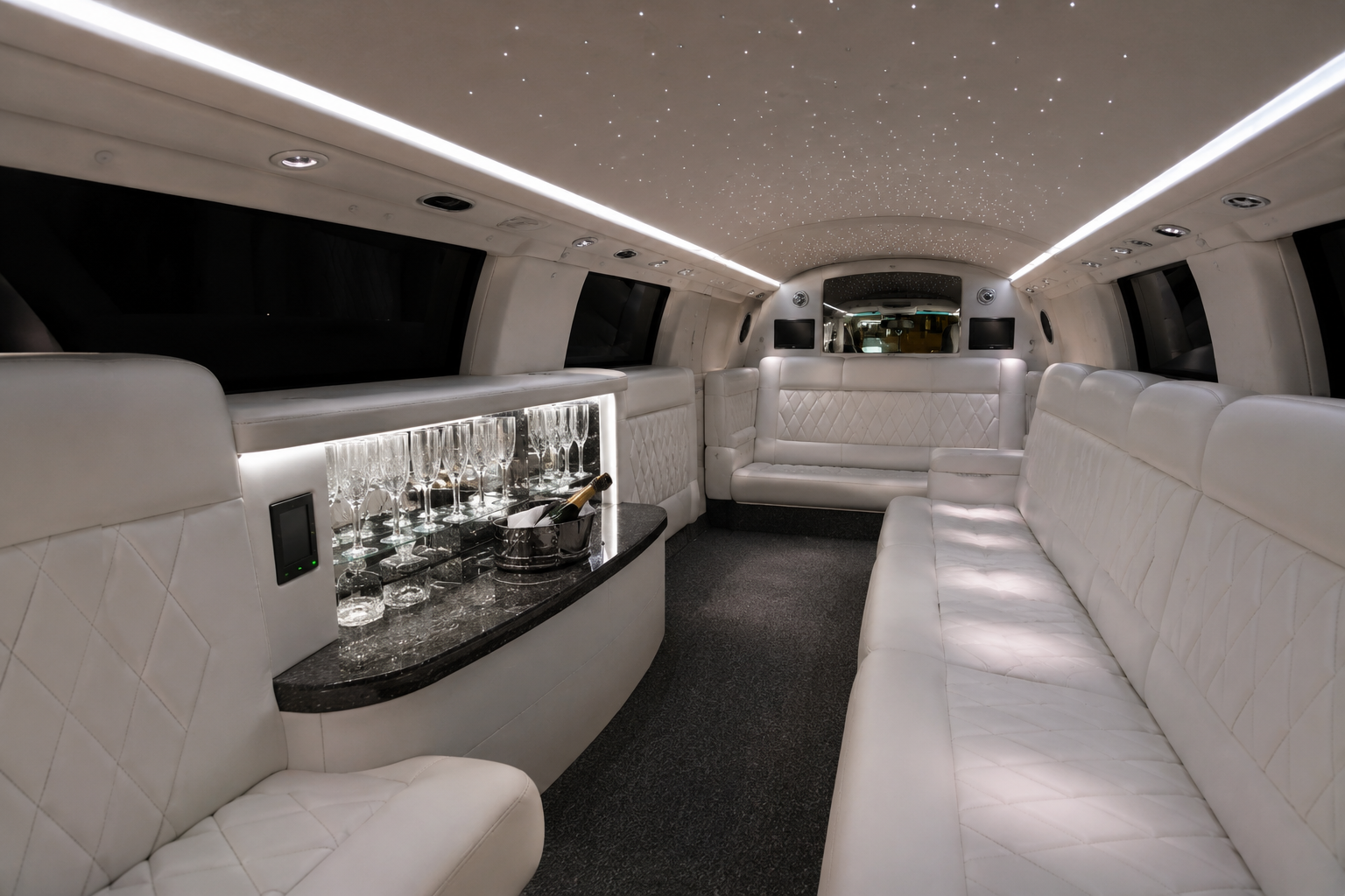 White Lincoln Continental Stretch Limousine interior — quilted leather, granite bar, crystal flutes