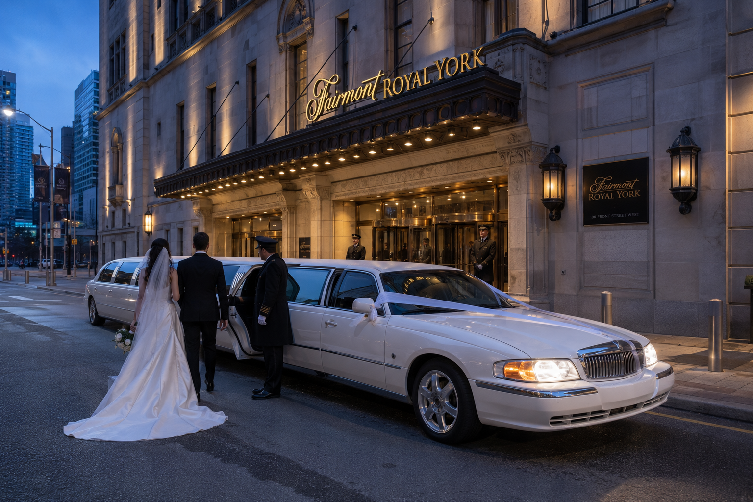 Lincoln Continental Stretch &middot; Fairmont Royal York, blue-hour wedding arrival