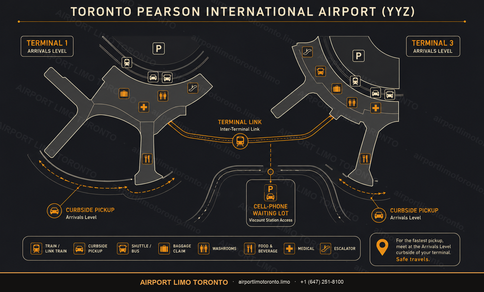 YYZ terminal layout map — arrivals, curbside pickup zones and terminal levels